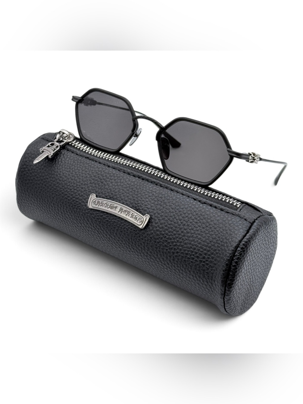 Chrome Hearts Black Sunglasses with Black Pebbled Leather Case